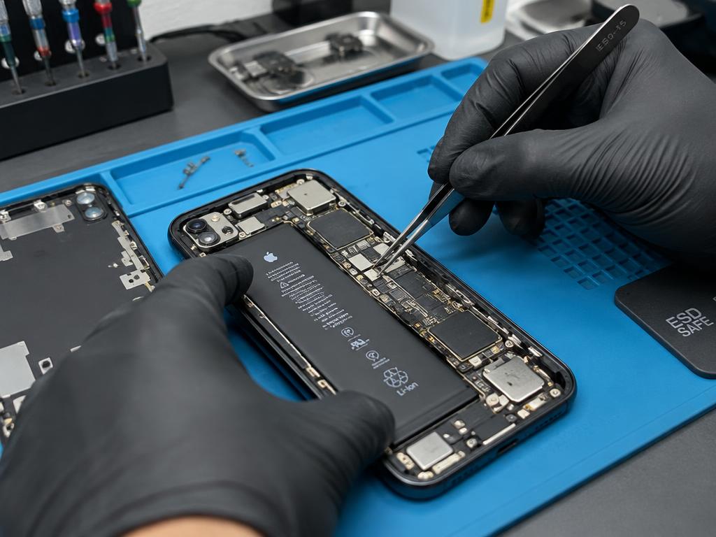 Técnico reparando un smartphone abierto con unas pinzas