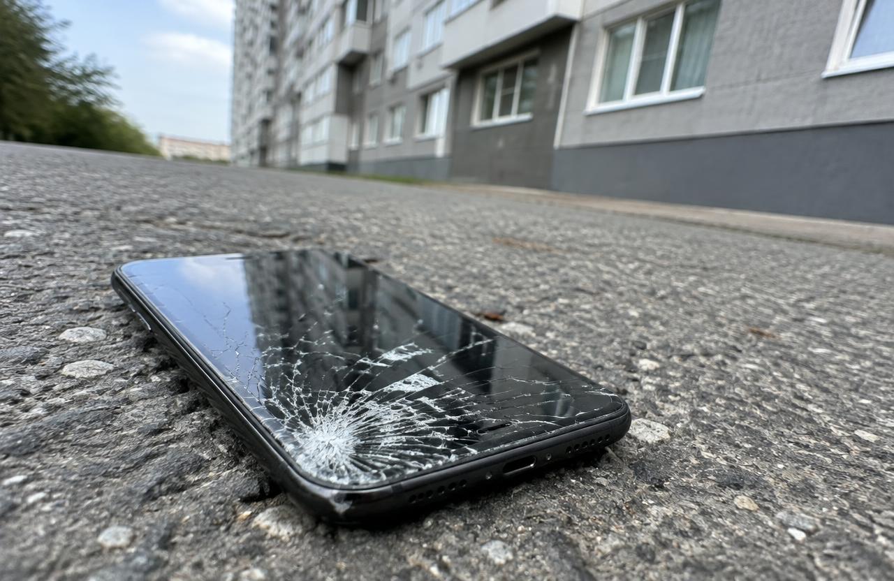 Smartphone con la pantalla rota sobre el asfalto frente a un edificio